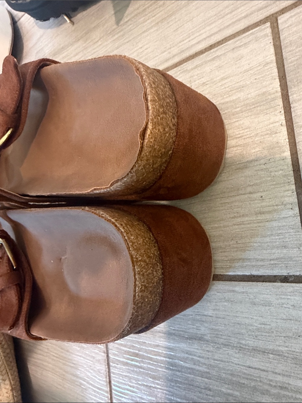Tan Suede Double-Buckle cork Slide platform Sandal - Picture 7 of 9